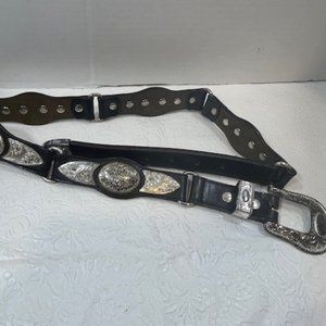 Vintage Nadim USA Silver Plated Medallions Western Black Rodeo Leather Belt